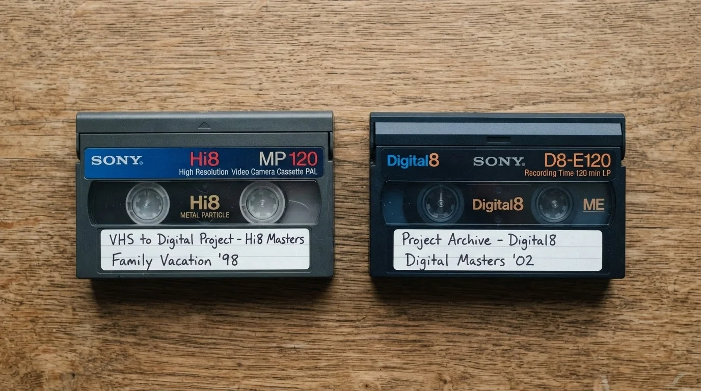 Порівняння касет Hi8 і Digital8 поруч одна з одною