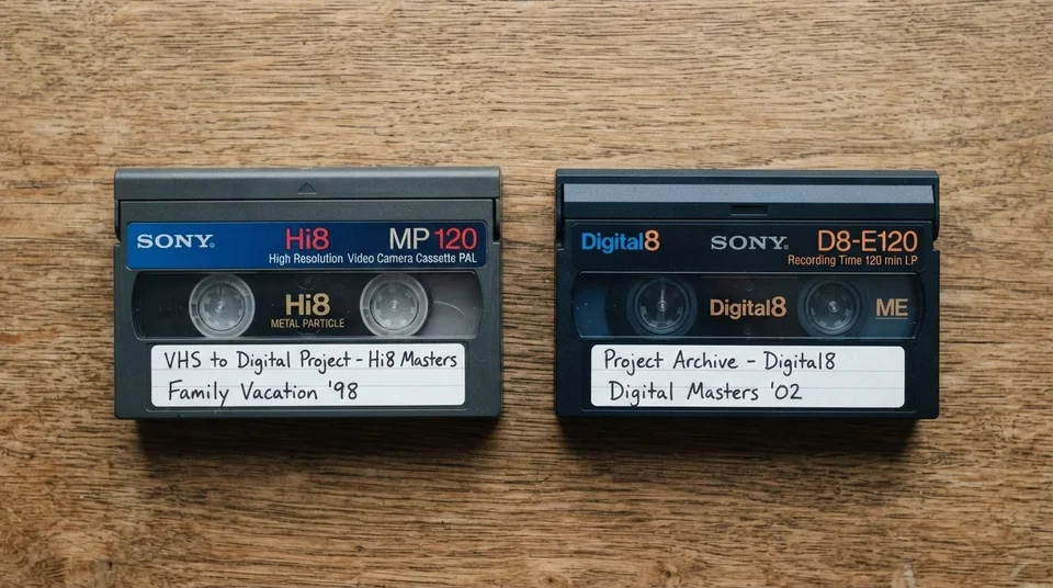 Порівняння касет Hi8 і Digital8 поруч одна з одною