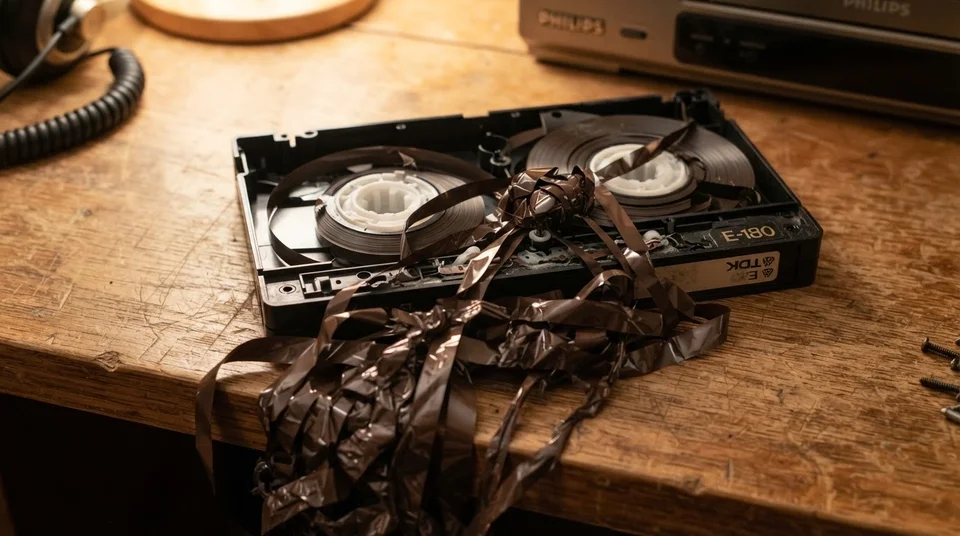Зажована й витягнута стрічка з відеокасети VHS