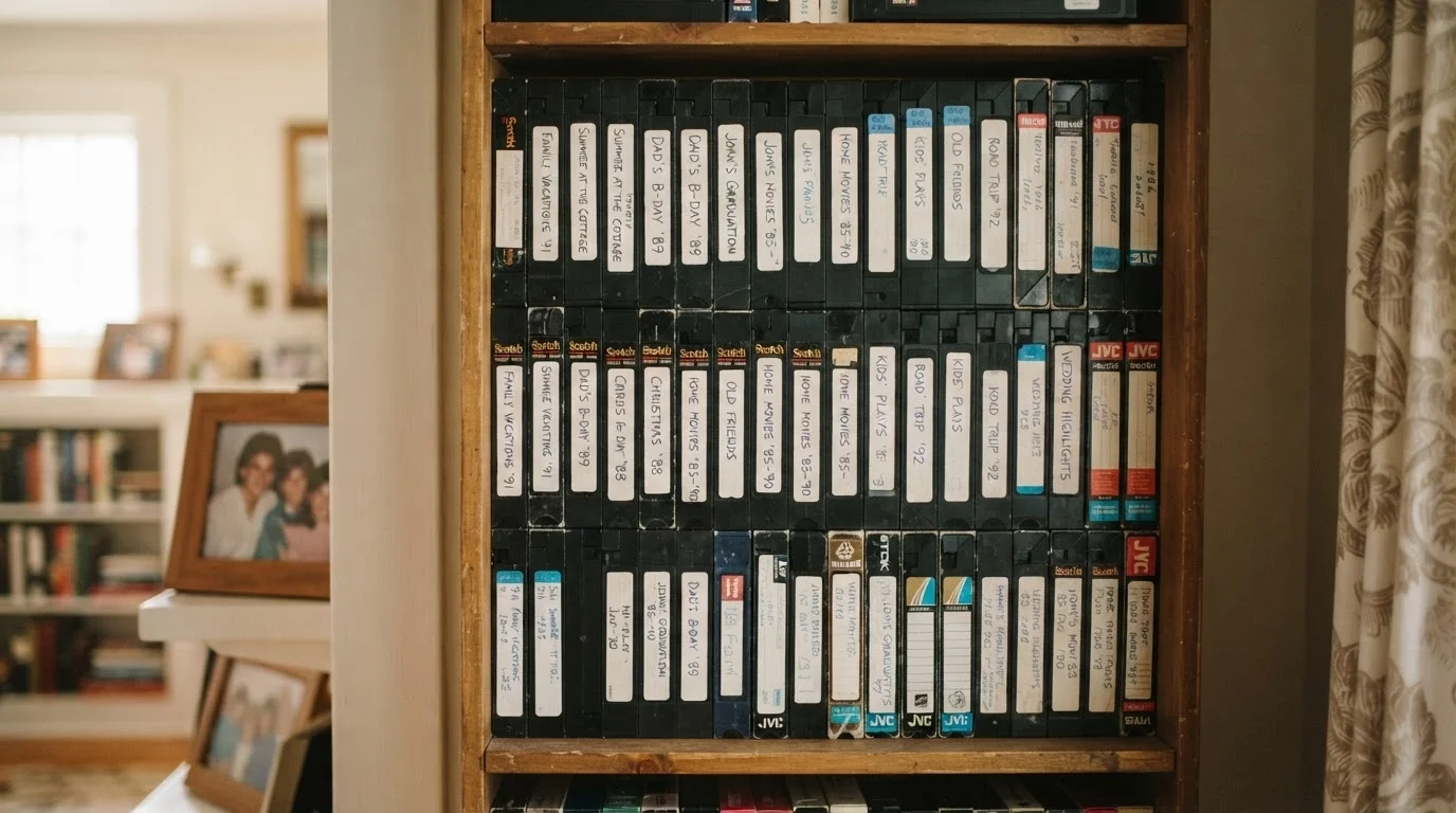Відеокасети VHS, складені вертикально на полиці для правильного зберігання