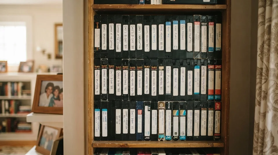 Відеокасети VHS, складені вертикально на полиці для правильного зберігання